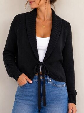 Esprit Black Tie Front Shawl Collar Cardigan Sweater Size XS